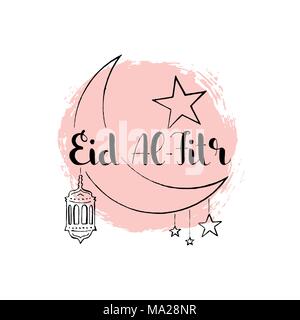 Eid Al-Fitr lettrage manuscrit. Fête de la rupture du jeûne. Vecteur moderne calligraphie dessiné à la main avec croissant de lune, étoile et de la lanterne suspendue Illustration de Vecteur