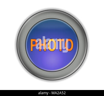 Trois dimensions ronde bouton avec un centre bleu et orange de l'inscription "PHOTO", fond blanc Banque D'Images