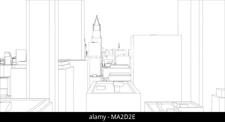 Wire-frame New York City, Blueprint Style. Le Rendu 3D. Contexte de conception de l'architecture Banque D'Images