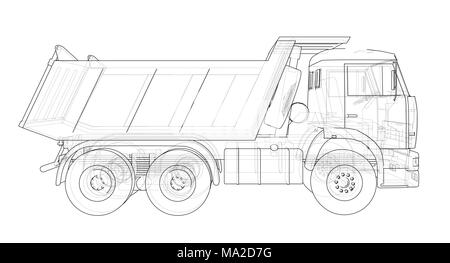 Dump Truck. 3d illustration. Style fil de fer. Fond blanc Banque D'Images