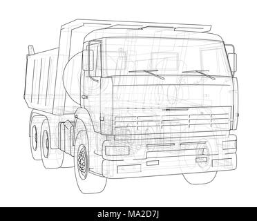 Dump Truck. 3d illustration. Style fil de fer. Fond blanc Banque D'Images