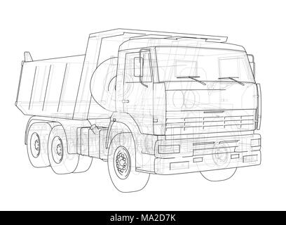 Dump Truck. 3d illustration. Style fil de fer. Fond blanc Banque D'Images