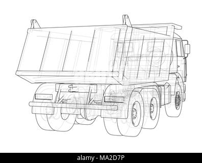 Dump Truck. 3d illustration. Style fil de fer. Fond blanc Banque D'Images