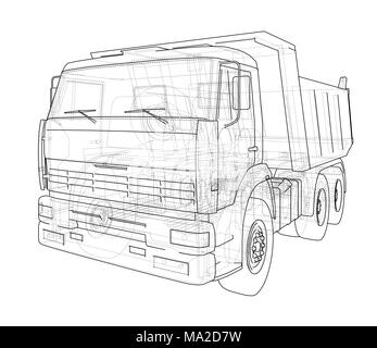 Dump Truck. 3d illustration. Style fil de fer. Fond blanc Banque D'Images