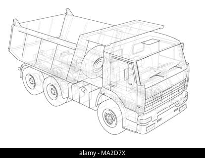 Dump Truck. 3d illustration. Style fil de fer. Fond blanc Banque D'Images