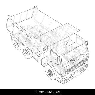 Dump Truck. 3d illustration. Style fil de fer. Fond blanc Banque D'Images