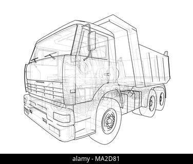 Dump Truck. 3d illustration. Style fil de fer. Fond blanc Banque D'Images