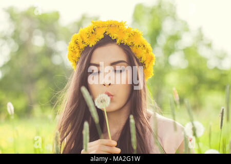 Femme d'été souffle sur fleurs de pissenlit, modèle mignon femelle couché dans le pré d'herbe verte et relaxant à l'extérieur et s'amuser sur la nature verte Retour Banque D'Images