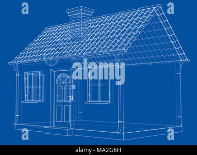 Une petite maison avec toit de bardeaux. 3d illustration. Style fil de fer Banque D'Images