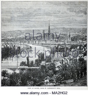 Vue de Rouen du St Catherine's Hill, France, circa 1850 gravure ancienne Banque D'Images