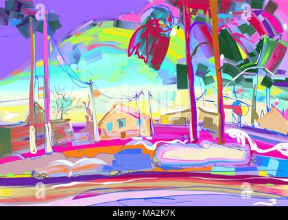 Peinture numérique original coloré de paysage d'hiver en milieu rural Illustration de Vecteur