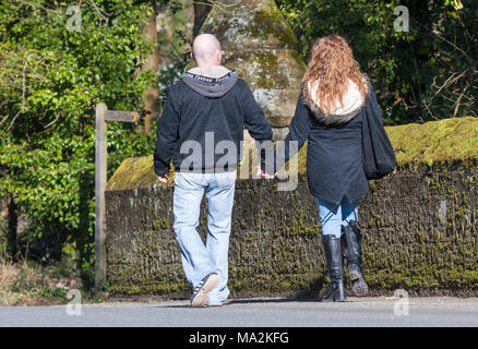 Jeune couple en train de marcher dans la campagne, se tenant la main au Royaume-Uni. Banque D'Images