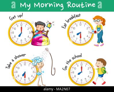 Les routines du matin avec des horloges et des enfants illustration Illustration de Vecteur