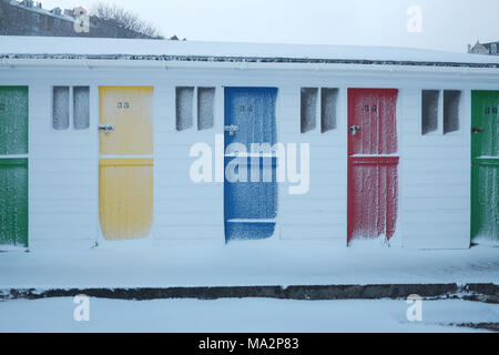 La neige à St Ives, bête de l'Est, la neige arrive à la maison de plage emplacement de St Ives en Cornouailles Banque D'Images