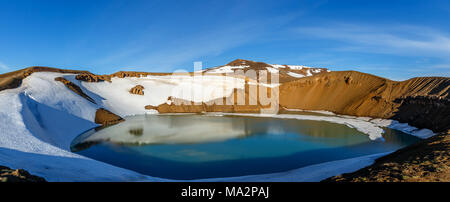 Lac de cratère volcanique Viti surface verte avec la Neige et ciel bleu, 73320 environs du lac, au nord de l'Islande Banque D'Images