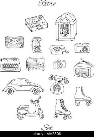 Vector set retro avec un tech, voiture, scooter, juke box, radio, machine à écrire, de patins, de caméras et d'un lecteur de disque de vinyle. Collection dessiné à la main Illustration de Vecteur