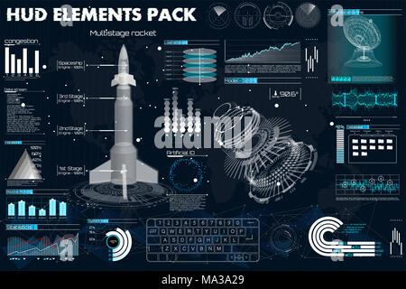 Lancer des fusées spatiales, tableau de bord, grafics, radars, capteurs, espace, vaisseau spatial 3d, dans la palette de style. L'interface utilisateur du modèle de l'app et de la réalité virtuelle Banque D'Images