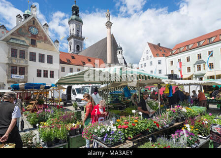 Frau und Konstrukteur une Markstand mit Blumen und Gemüse auf dem Marktplatz in der Altstadt von Freising, Bayern, Deutschland Banque D'Images