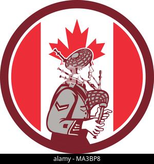 Style rétro icône illustration d'un joueur de cornemuse canadienne jouant de la cornemuse avec le drapeau à feuille d'érable situé à l'intérieur du cercle sur fond isolé. Illustration de Vecteur
