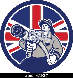 Style rétro icône illustration d'un pompier ou un pompier tenant une lance incendie vue de l'avant avec United Kingdom UK, Grande-Bretagne Union Jack fla Illustration de Vecteur