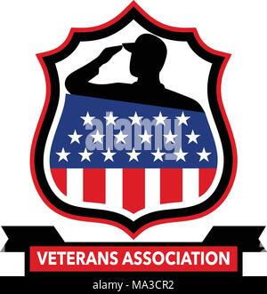 Style rétro icône illustration d'un ancien soldat américain saluant avec un USA stars and stripes Star Spangled Banner crest situé à l'intérieur avec des mots V Illustration de Vecteur