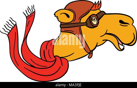 Cartoon style illustration de tête d'un chameau pilote wearing scarf, vintage aviator hat casque et lunettes smiling vu de côté sur des . Illustration de Vecteur