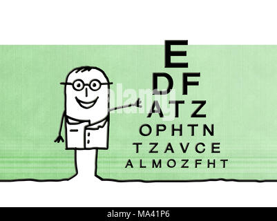 Cartoon ophtalmologue avec des signes sur le mur Banque D'Images