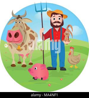 Fermier à sa ferme avec un groupe d'animaux de ferme Illustration de Vecteur
