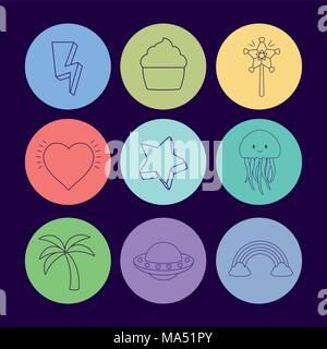 Icon Set de Thunder et mignon au concept des cercles colorés et fond bleu, vector illustration Illustration de Vecteur