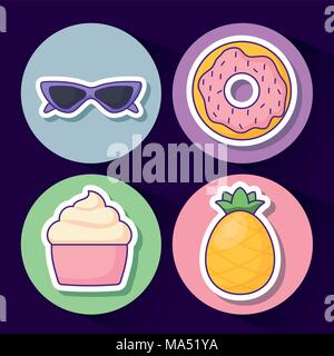 Icon Set de verres et mignon concept sur fond bleu et les cercles colorés, vector illustration Illustration de Vecteur