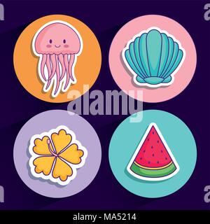 Icon Set de shell et mignon au concept des cercles colorés et fond bleu, vector illustration Illustration de Vecteur