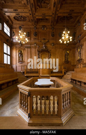 Théâtre anatomique de l'Archiginnasio, université de Bologne. Bologne, Emilie-Romagne, Italie. Banque D'Images