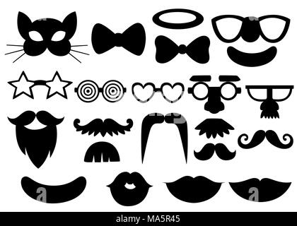 Silhouettes noires. Jeu de masques de plaisir. Partie anniversaire photo booth props. Moustache, lunettes, noeud papillon et la bouche dans un style de dessin animé. Vector illustration Illustration de Vecteur