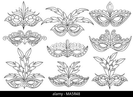 Masque pour livre à colorier. Jeu de masques de carnaval. Partie de la décoration de masques ou mascarade.. Vector illustration isolé sur fond blanc. Illustration de Vecteur