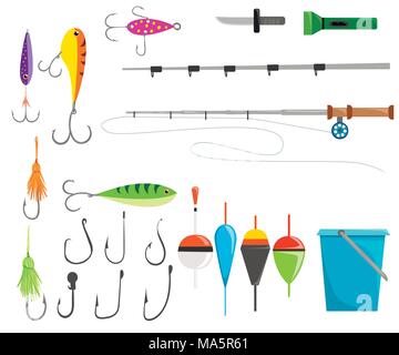 Ensemble d'accessoires de pêche. Pour filer la pêche au crankbait leurres et d'appâts en plastique mou et flotteur de pêche. Lampe de couteau et le godet. V Illustration de Vecteur