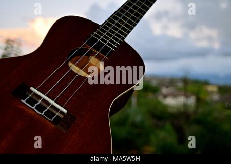 L'adaptation de l'ukulélé hawaiien portugais machette, une petite guitare comme instrument. Banque D'Images