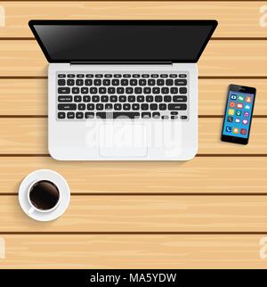Ordinateur portable avec tasse de café et smartphone sur table en bois Illustration de Vecteur