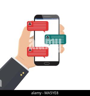 Notifications de message Chat téléphone mobile vector illustration isolé sur un fond de couleur, la main avec le smartphone et l'chat bubble discours, concept o Illustration de Vecteur