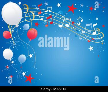 Un vecteur illustration en eps 10 format d'un quatrième Juillet célébration contexte avec des notes de musique et les étoiles en ballons sparkles rouge blanc et bleu Illustration de Vecteur