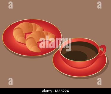 Un vecteur illustration en format eps 10 d'une assiette de croissants et d'une tasse de café sur la vaisselle rouge avec garniture d'or sur un fond de chocolat Illustration de Vecteur