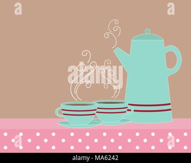 Un vecteur illustration en eps 10 format d'une cafetière avec deux tasses et soucoupes en jade vintage brun rose et rouge et de l'espace pour le texte Illustration de Vecteur