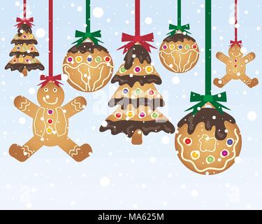 Un vecteur illustration en format eps 10 Fête de gingerbread traite faite dans de décorations de Noël avec du ruban rouge et vert Illustration de Vecteur