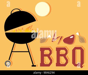 Un vecteur illustration en format eps 10 un résumé de l'annonce de barbecue avec grill fire et morceaux de viande sous un soleil jaune. Illustration de Vecteur