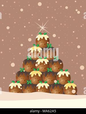 Un vecteur illustration en eps 10 format d'un pudding de Noël carte de voeux arbre design avec Holly et les flocons de neige sur un fond marron chocolat Illustration de Vecteur