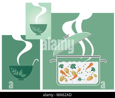 Un vecteur illustration en format eps 10 de la cuisson des légumes dans une casserole en verre clair avec de la vapeur et des bols sous forme de résumé sur les rectangles verts Illustration de Vecteur