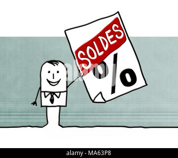 L'homme dessin animé avec vente annoncer Banque D'Images