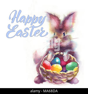 Lapins de Pâques et les oeufs de Pâques. Illustration à l'aquarelle avec des animaux. Carte postale de Pâques Banque D'Images