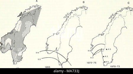 . Effets des pluies acides sur les sols et l'eau . pH V7UNE FRINGUE HI 4.0 4.0 1955 1970-1973 Figure 5. Comparaison des pH de sol scandinave et des précipitations. (Un de Oden, 1976 ; B de Dovland et al., 1976 ; et C à partir de 1982.), Hileman Banque D'Images