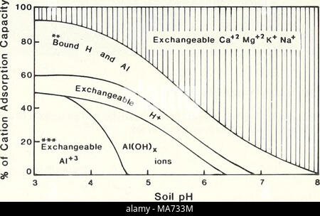 . Effets des pluies acides sur les sols et l'eau . La figure 3. Relation généralisée entre le pH du sol et ad- sorbées cations dans le sol minéral. •* de Brady, 1974, p. 376. ** La différence entre BaCI2-plateau et l'échange de l'acidité. *** Et probablement certains Fe(OH)x ions dans la gamme plus acide. Banque D'Images