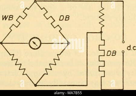 . Appareils électroniques pour la recherche biologique . La figure 30.2 Disposition schématique pour contrôler la tension à l'état humide (WB) et secs (DB) pont de thermomètre à résistance, à l'aide d'un deuxième élément du thermomètre sec dur à la place de l'élément humide, une comparaison des résultats des deux ponts peuvent être faits pour donner une mesure raisonnable de l'humidité, indépendante de la température, pour la deuxième thermomètre sec compense la première. Ceci peut être fait par un mètre de l'antenne, mouvement qui présente la résultante des deux courants, ou en utilisant la sortie de la soupape b Banque D'Images